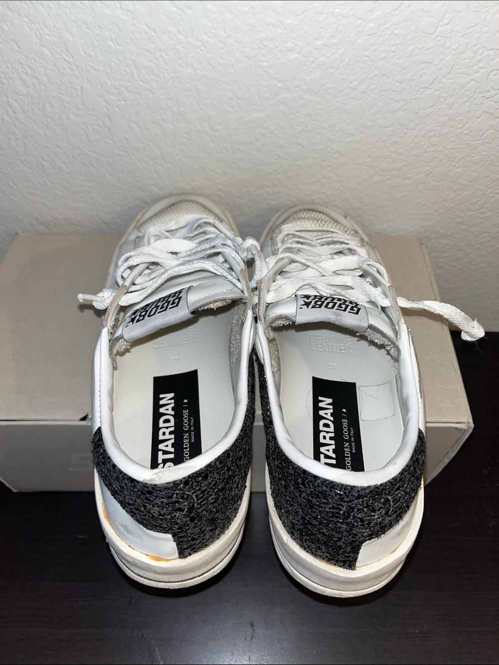 Private Edition(EU 39)Stardan White Sneakers with Black Glitter Heel Accent USED - Picture 6 of 8